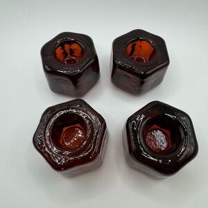 Vintage Set of 4 Amber Glass Hexagon Bolt Nut Shaped Candle Holders 1979/80
